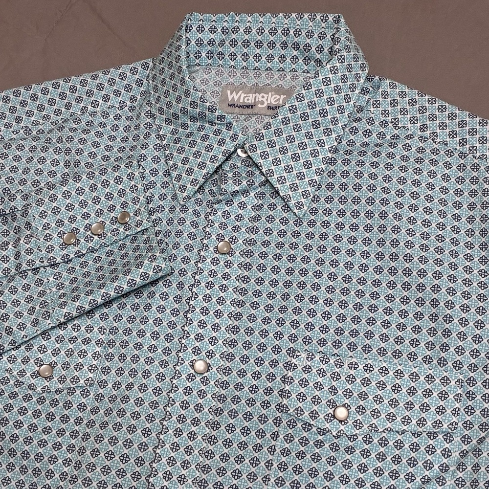 Wrangler Shirt Mens Medium Blue Geometric Western Pearl Snap Long Sleeve Y2K